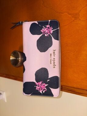 kate spade pink and black floral zip-around wallet